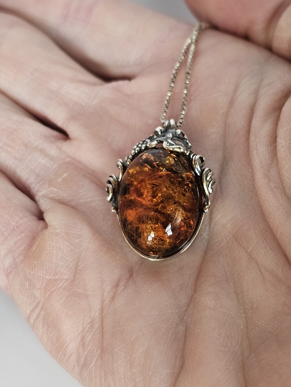 Vintage Polish Valerio Baltic Amber Pendant & Sterling Silver Box Chain 18" - Picture 11 of 12